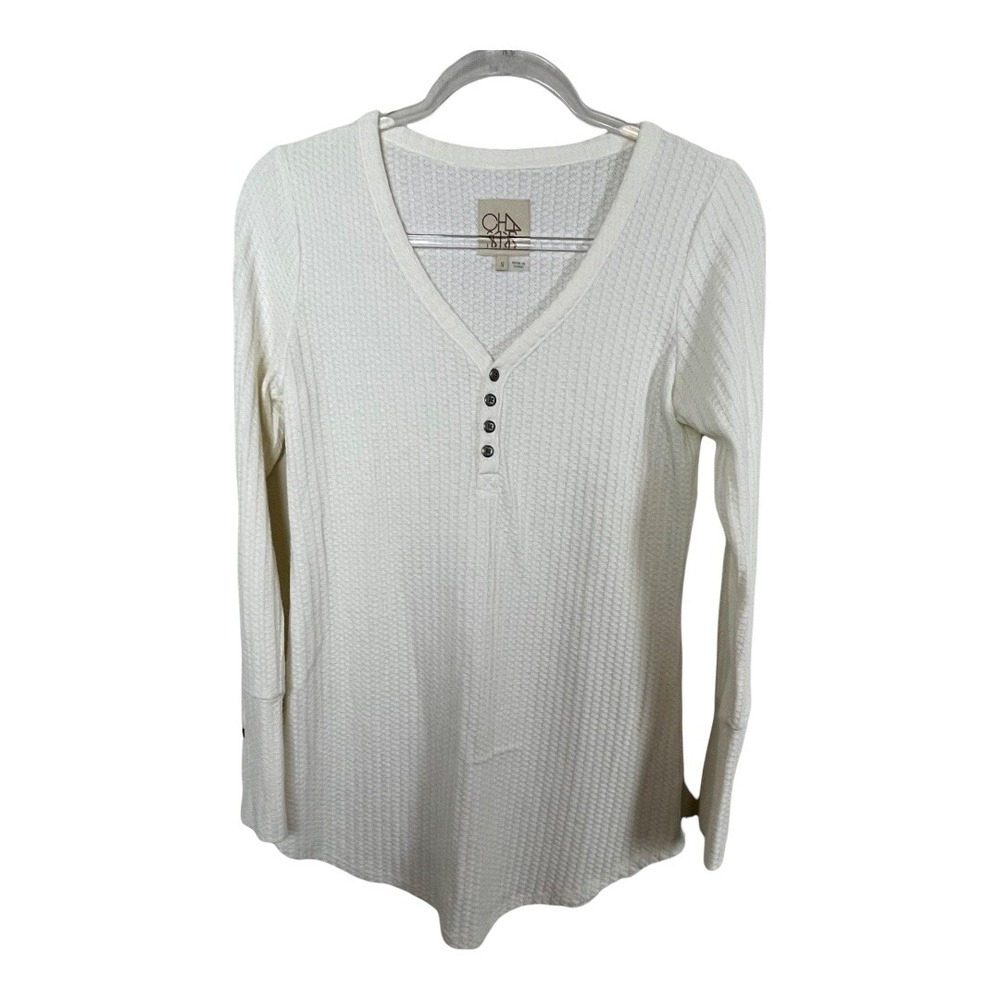 Chaser Size S Ivory V-Neck Waffle Knit‎ Long Sleeve Thermal Top